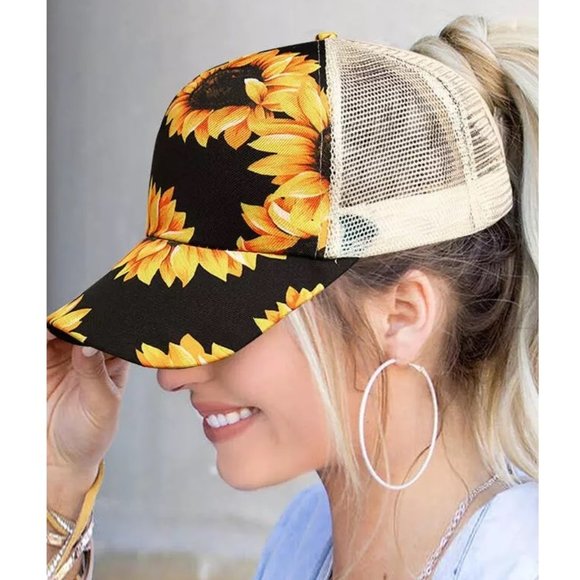 Accessories - Sunflower Ponytail High Bun Criss Cross Adjustable Mesh Trucker Baseball Hat Cap